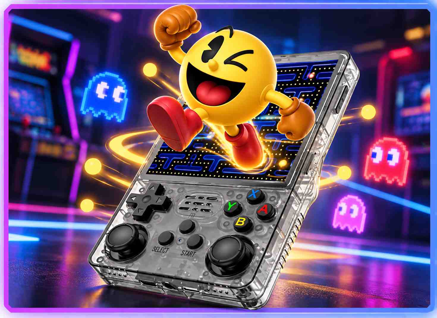 Retro arcade-themed artwork featuring the Boltz handheld gaming device