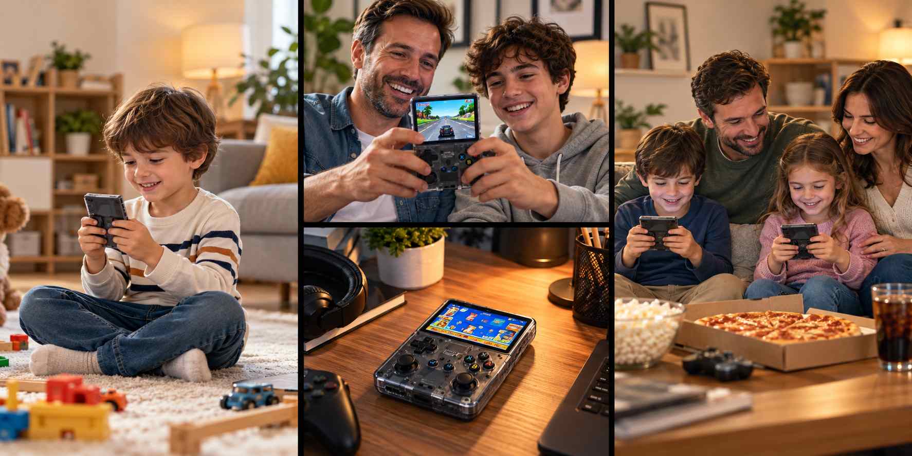 Families and friends enjoying portable retro gaming together