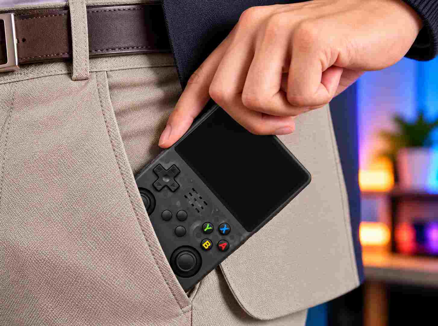 Compact retro gaming device fitting into a trouser pocket