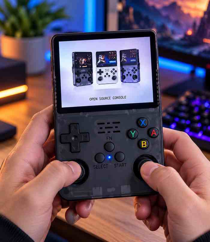 Handheld retro gaming device showing a game selection menu