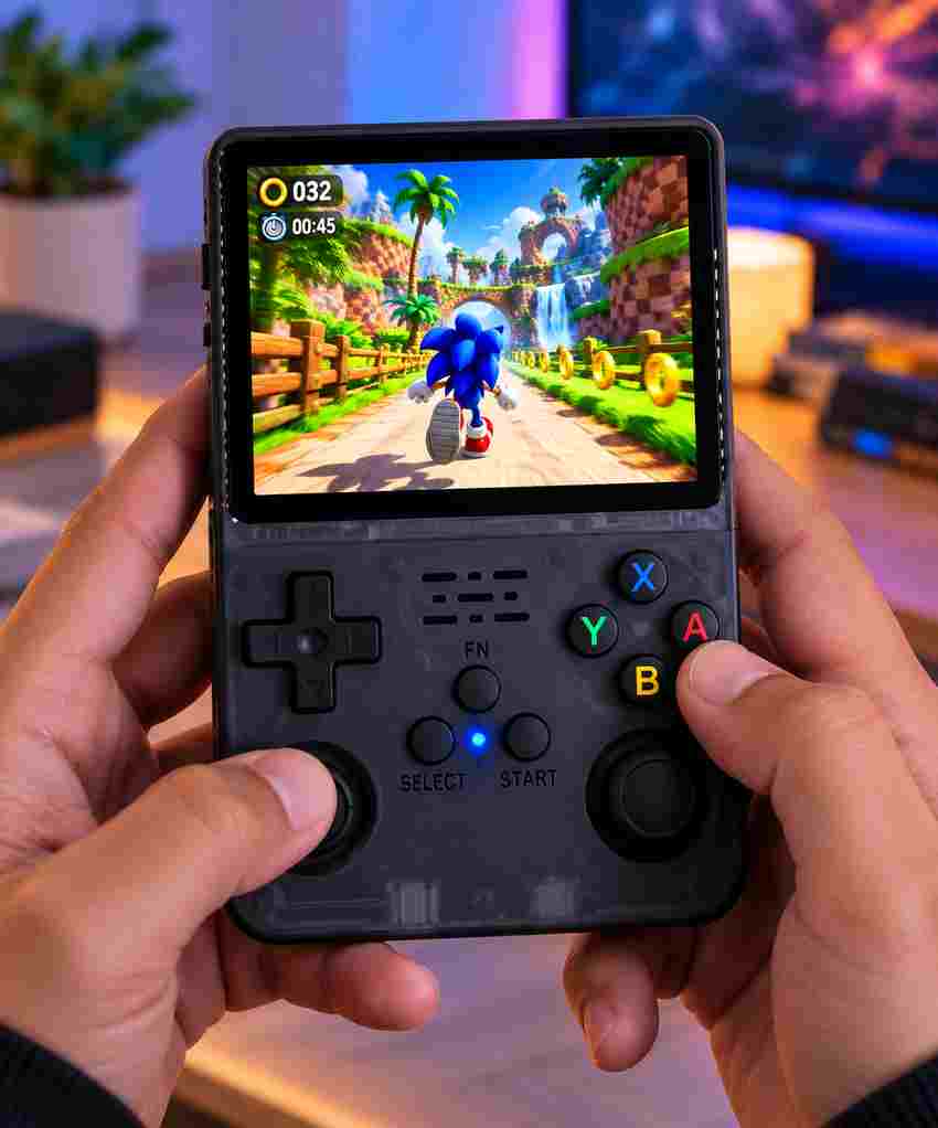 Retro handheld console displaying a colorful platform game