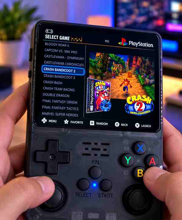 Portable game console held in both hands